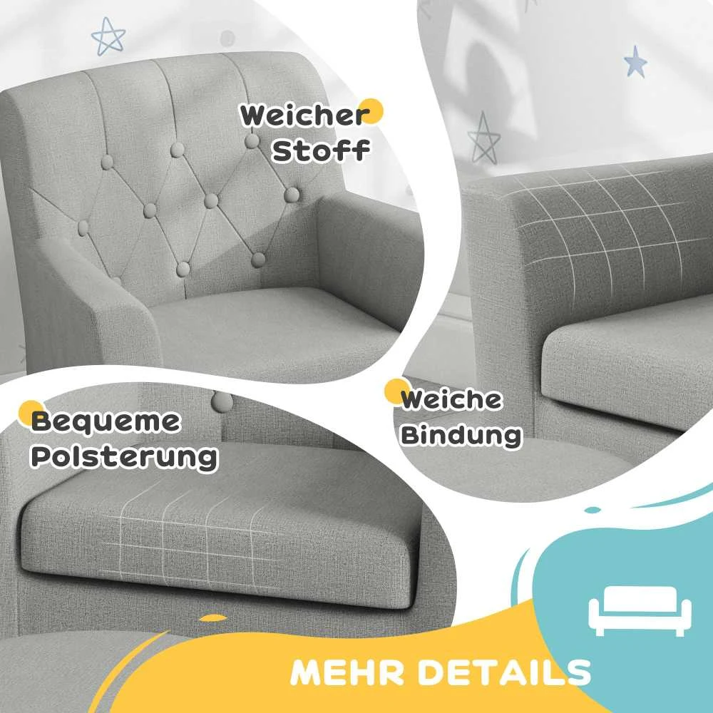 AIYAPLAY vaikiškas fotelis, vaikiška sofa su pakoja, vaikiškas baldų komplektas nuo 18 mėnesių, lininio audinio išvaizda, eukalipto mediena, pilka, 45 x 43 x 50,5 cm