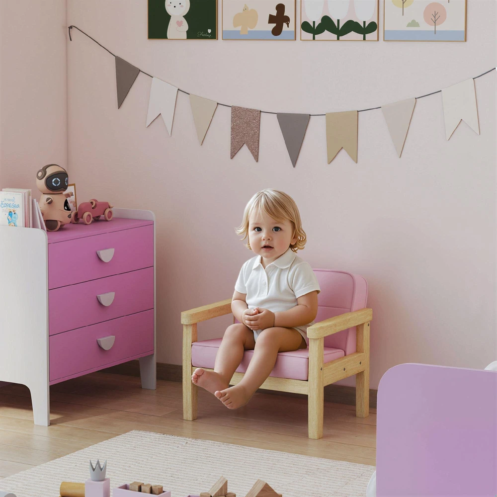 AIYAPLAY vaikiškas fotelis, sofa su mediniu rėmu, velvėtinė, paminkštinta vaikiška kėdutė 3–8 metų vaikams, vaikų kambariui, žaidimų kambariui, rožinė