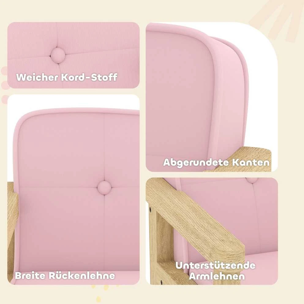 AIYAPLAY vaikiškas fotelis, sofa su mediniu rėmu, velvėtinė, paminkštinta vaikiška kėdutė 3–8 metų vaikams, vaikų kambariui, žaidimų kambariui, rožinė