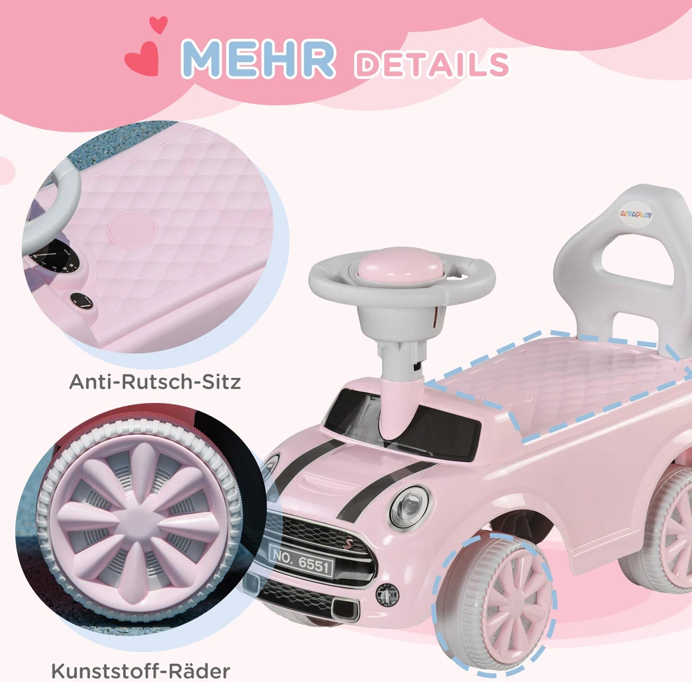 AIYAPLAY vaikiškas paspirtukas-mašinėlė, transporto priemonė vaikams, stumiamas automobilis su apsauga nuo apvirtimo, rožinė, 53 x 25 x 35 cm | Aosom