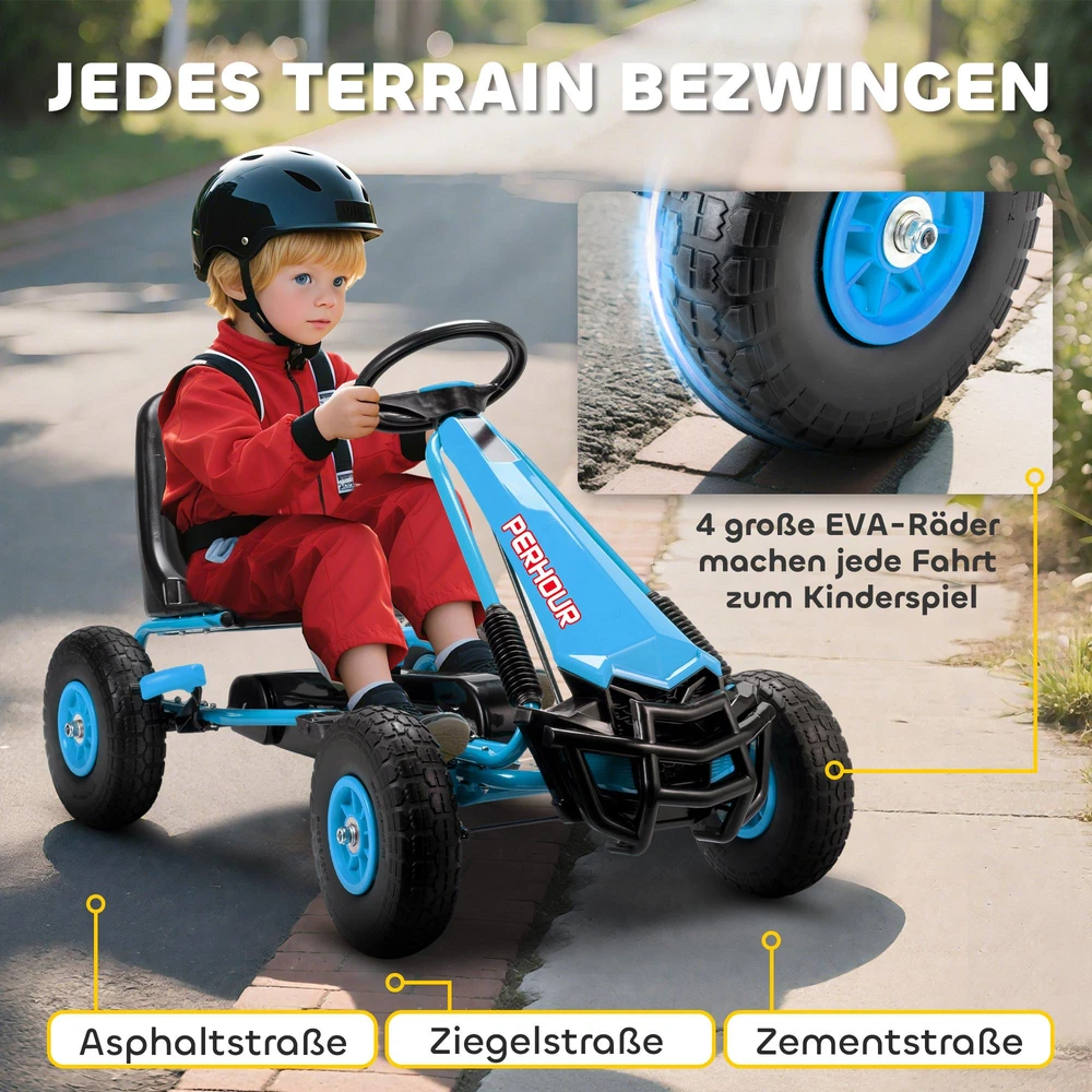 AIYAPLAY pedinis kartingas vaikams, reguliuojamo aukščio sėdynė, EVA ratai, stabdžiai, sankaba, 3-8 metai, mėlynas