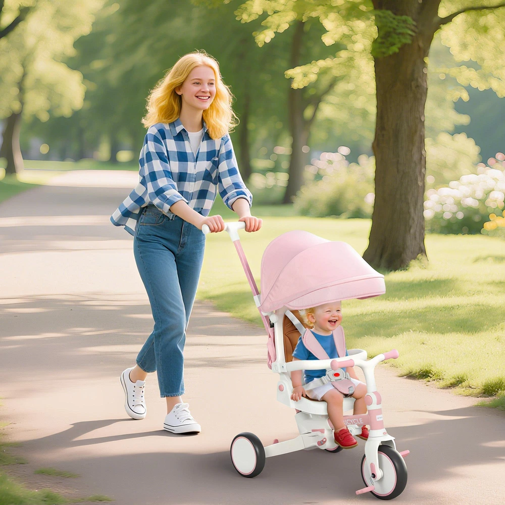 AIYAPLAY vaikiškas triratukas, transformuojamas vežimėlis, 5-in-1 dizainas, nuimama stūmimo rankena, reguliuojamas, saugos diržas, laikymo krepšys, 1-3 metai, rožinis