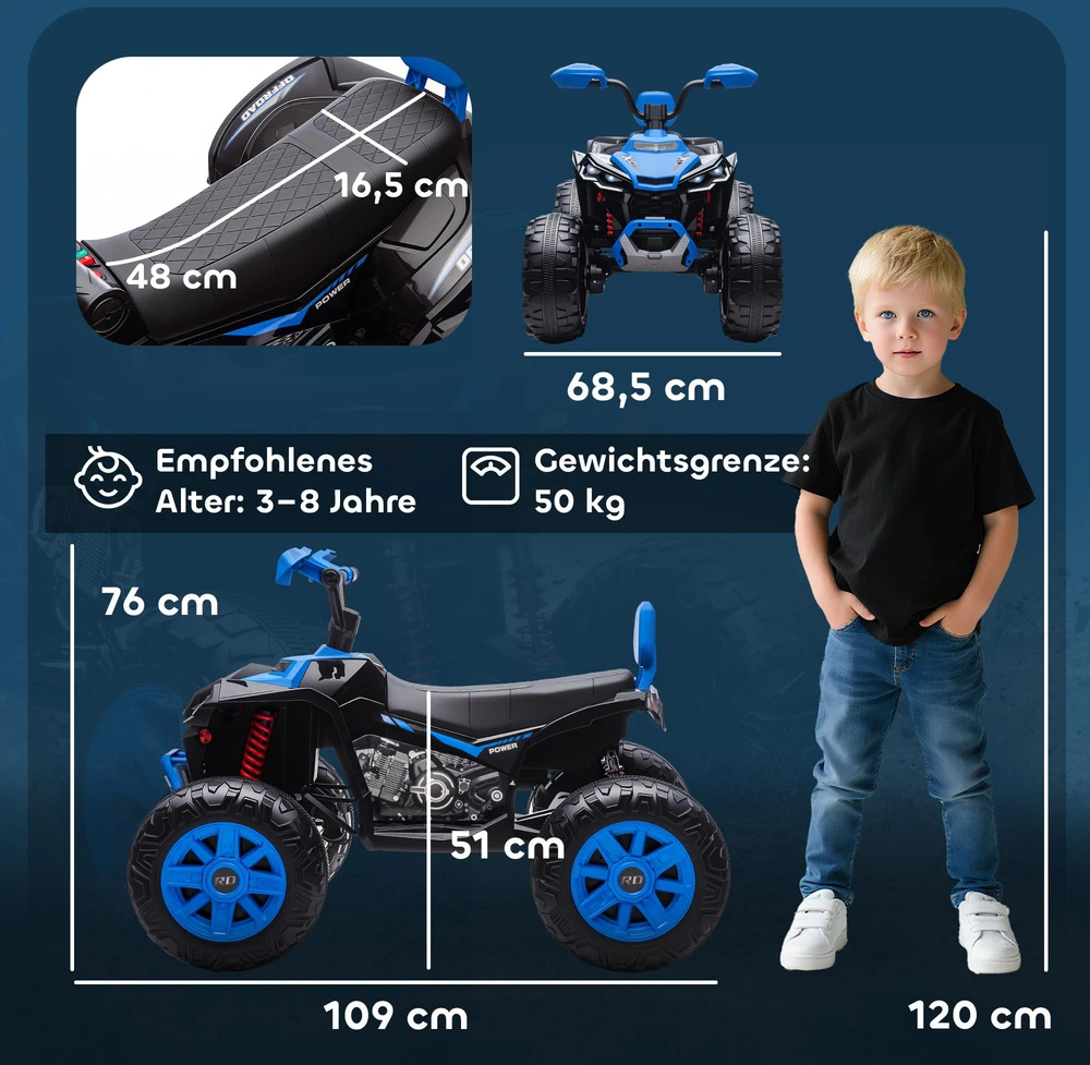 AIYAPLAY vaikiškas elektrinis keturratis, 24V elektromobilis su 4 ratais, priekiniais žibintais, USB jungtimi, MP3 funkcija, 6,5 km/h, 3-8 metams