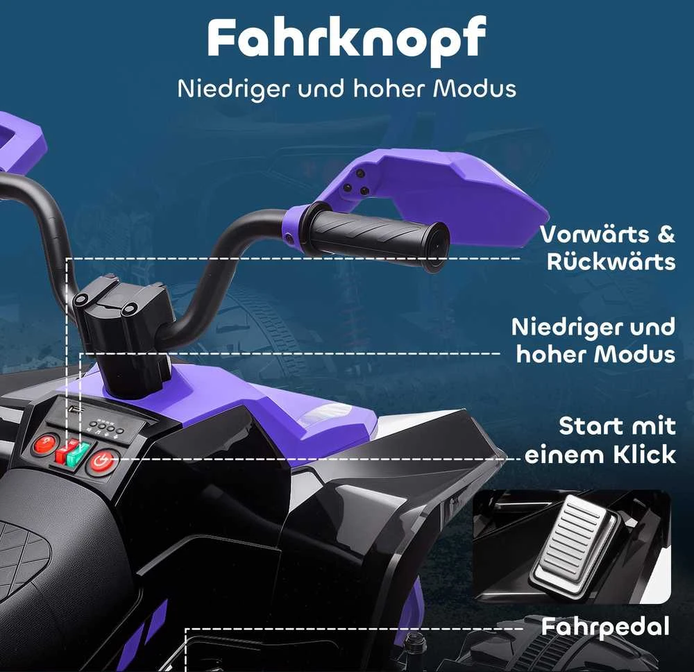 AIYAPLAY vaikiškas elektrinis keturratis, 24 V elektrinė transporto priemonė su 4 ratais, priekiniais žibintais, USB jungtimi, MP3 funkcija, 6,5 km/h, 3-8 metai