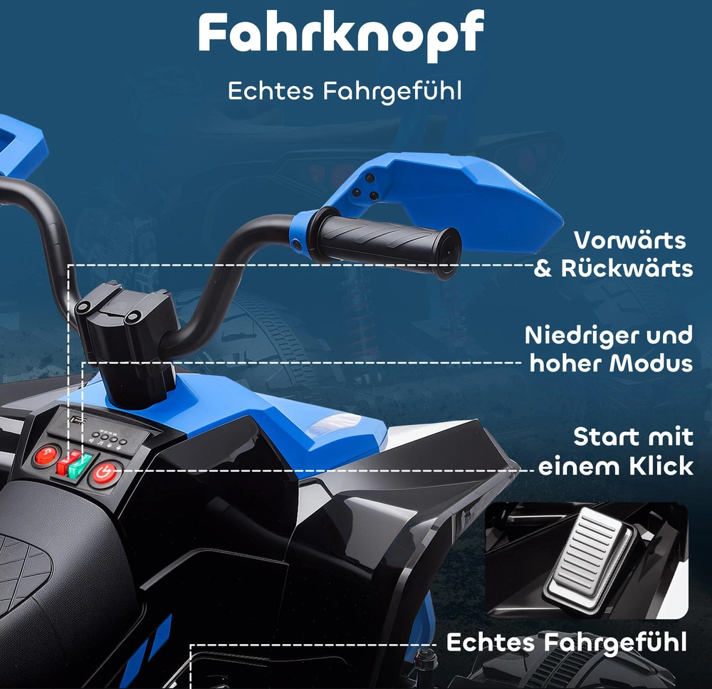AIYAPLAY vaikiškas elektrinis keturratis, 24V elektromobilis su 4 ratais, priekiniais žibintais, USB jungtimi, MP3 funkcija, 6,5 km/h, 3-8 metams