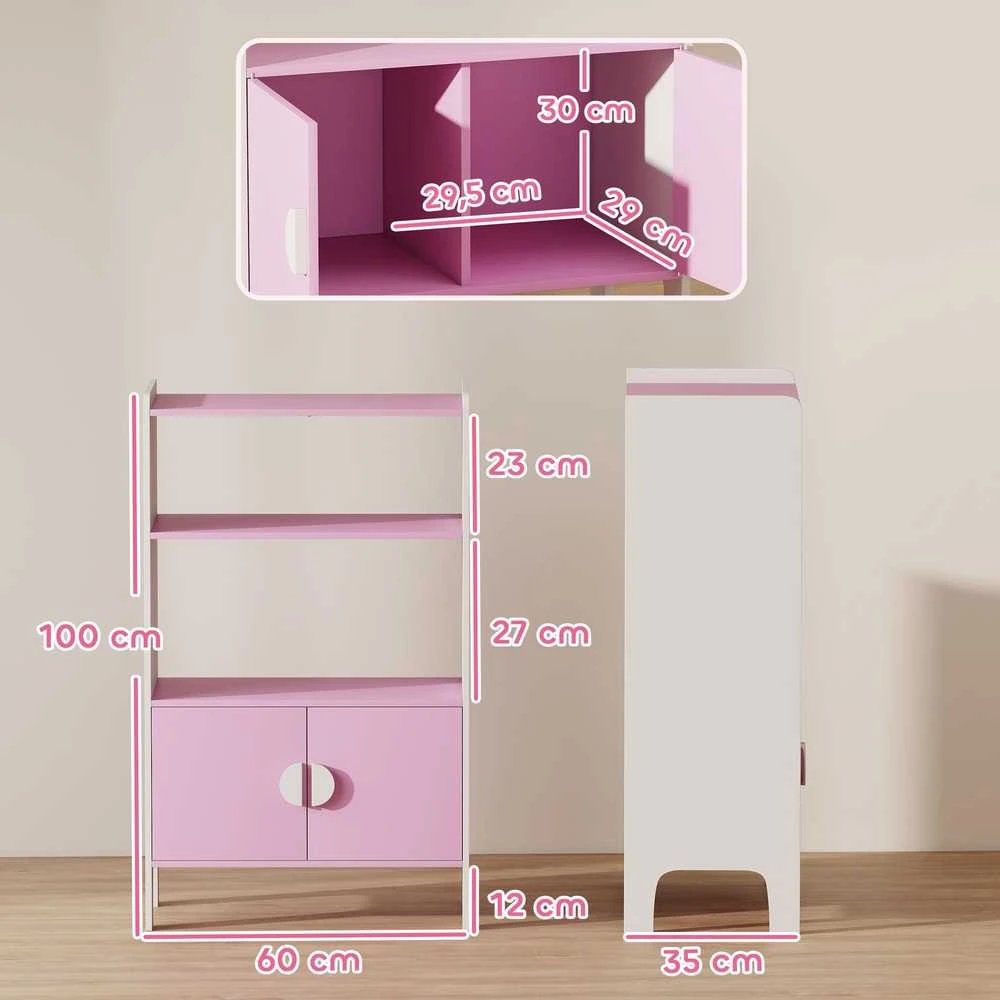 AIYAPLAY vaikiška knygų lentyna, 2 lentynos, 2 spintelės, laisvai pastatoma, apsauga nuo apvirtimo, neslystančios kojelės, MDF, rožinė ir balta