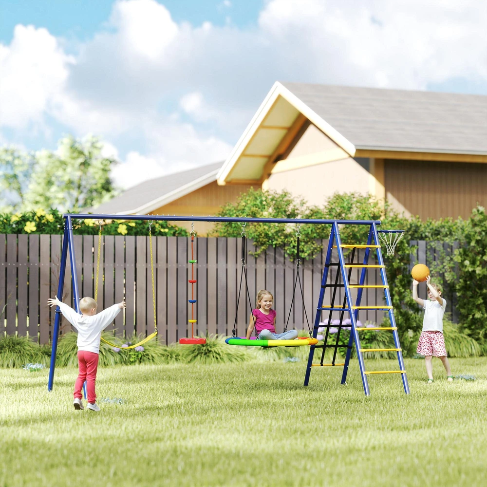 AIYAPLAY 6-in-1 vaikiškų sūpynių rinkinys, plieno rėmas su diržinėmis sūpynėmis, lizdo tipo sūpynėmis, skriemulinėmis sūpynėmis, laipiojimo tinklu, laipiojimo kopėčiomis ir krepšinio lanku, 3-8 metų vaikams