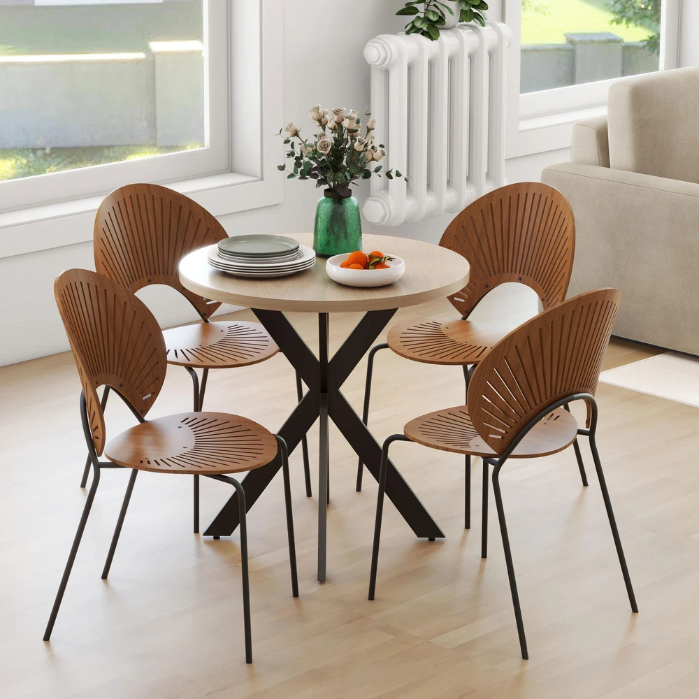 Apvalus valgomojo stalas 75 x 75 cm, modernus virtuvės stalas 2–4 asmenims su voro formos kojomis, rudas