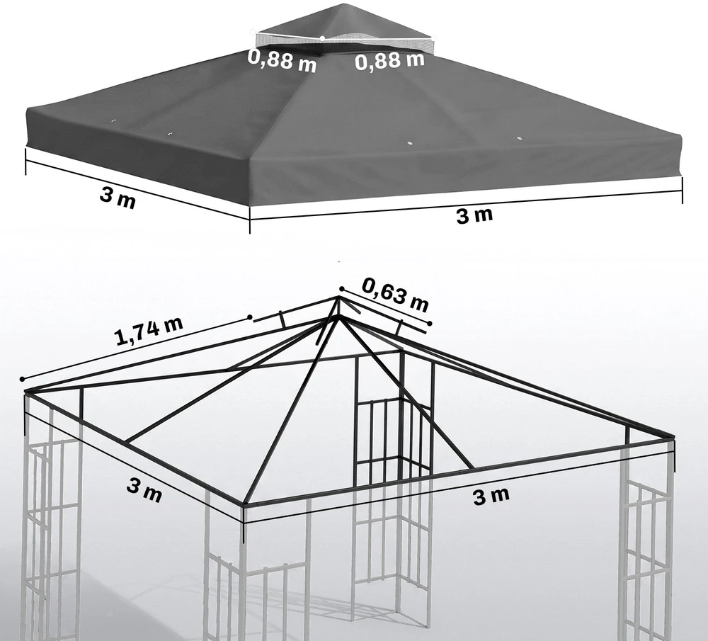 Atsarginis stogas Outsunny pavėsinei 3 x 3 m, vandeniui atsparus pavėsinės stogas, dvigubas atsarginis uždangalas sodo pavėsinei, atsarginės dalys iš Oksfordo audinio, 370 g/m², tamsiai pilkas