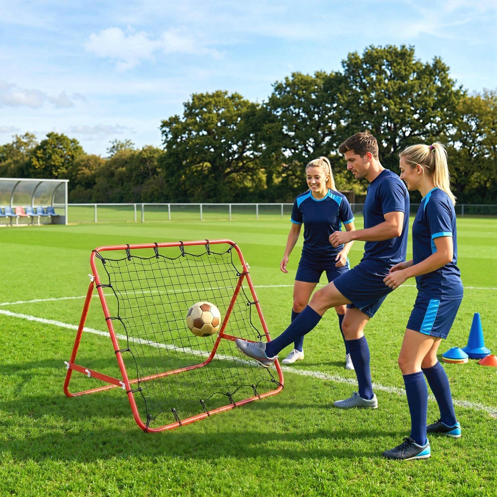 HOMCOM futbolo atšokimo tinklelis, treniruočių vartai su reguliuojamu kampu, raudona ir juoda spalvos, 96 x 80 x 96 cm