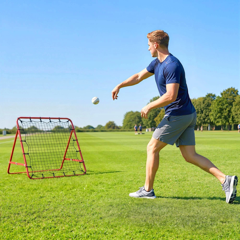 HOMCOM futbolo atšokimo tinklelis, treniruočių vartai su reguliuojamu kampu, raudona ir juoda spalvos, 96 x 80 x 96 cm