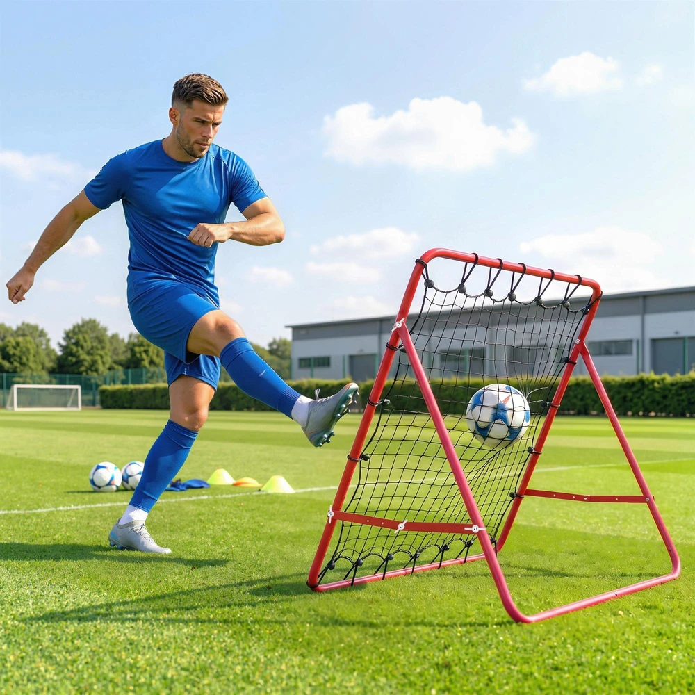 HOMCOM futbolo atšokimo tinklelis, treniruočių vartai su reguliuojamu kampu, raudona ir juoda spalvos, 96 x 80 x 96 cm