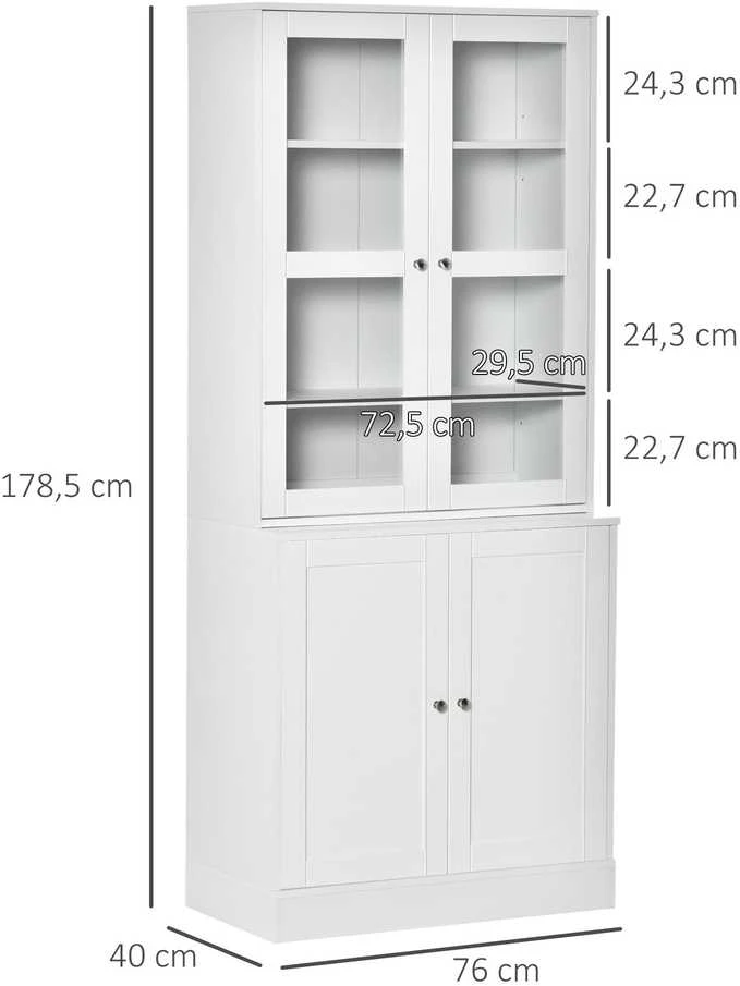 HOMCOM knygų spinta 178,5 cm, vitrina su stiklinėmis durelėmis, 6 skyriai, balta