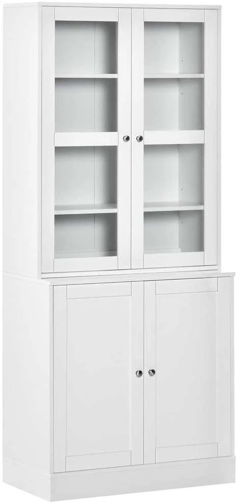 HOMCOM knygų spinta 178,5 cm, vitrina su stiklinėmis durelėmis, 6 skyriai, balta
