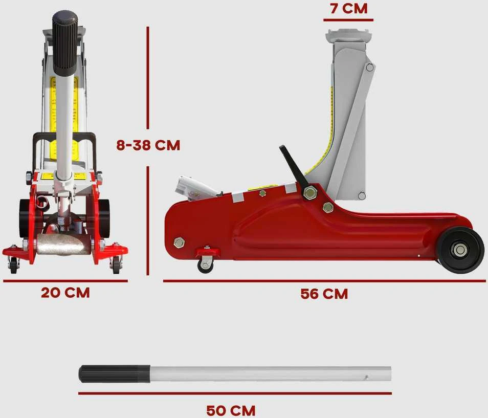 Automobilinis keltuvas, 8-38 cm aukštis, 2,5 tonos keliamosios galios, plieno, su ratukais, raudonas