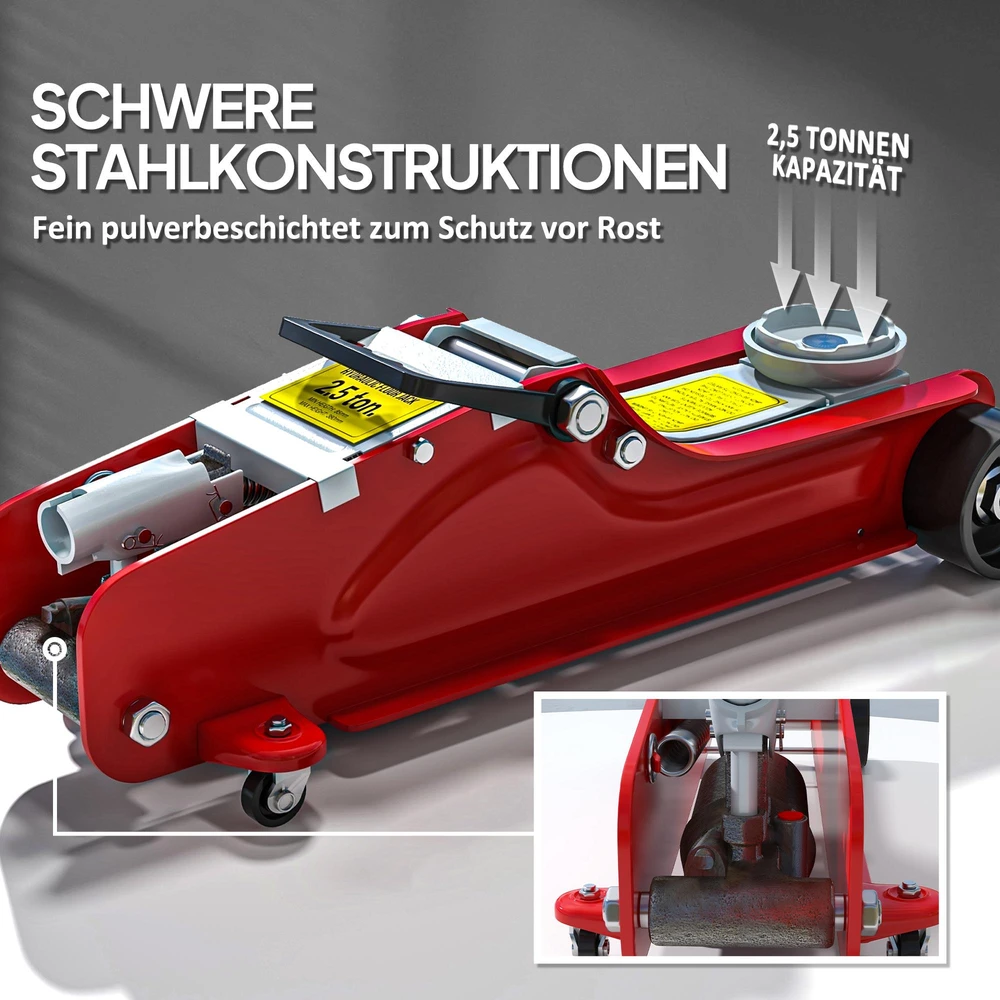 Automobilinis keltuvas, 8-38 cm aukštis, 2,5 tonos keliamosios galios, plieno, su ratukais, raudonas