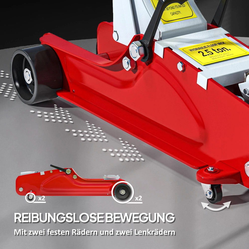 Automobilinis keltuvas, 8-38 cm aukštis, 2,5 tonos keliamosios galios, plieno, su ratukais, raudonas