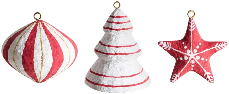 Beliani 12 vnt. kalėdinių eglutės papuošalų rinkinys GIDEALVEN Papier-mâché raudona/balta