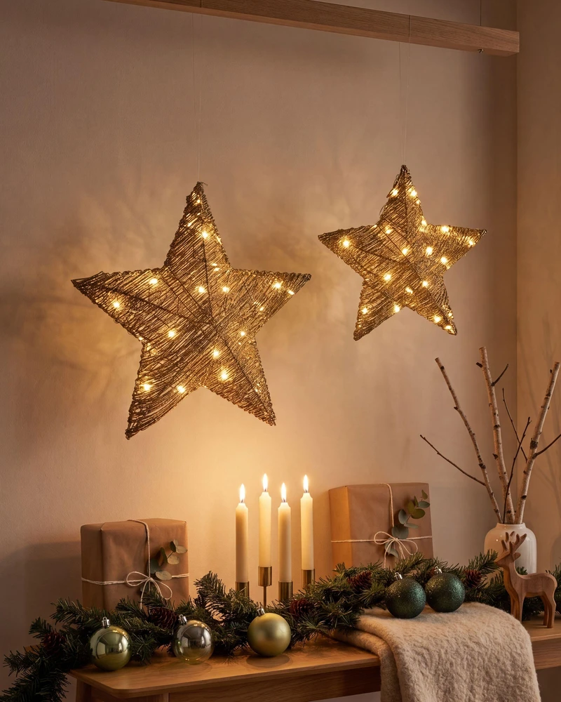 Beliani 2 dekoracijų rinkinys HAMPEN LED Žvaigždė 24/30 cm Auksinė