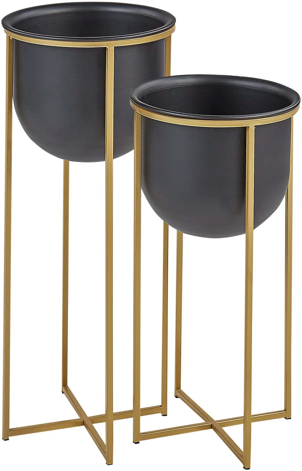 Beliani 2 vazonų rinkinys su kojelėmis THUJA metalinis 21 cm juodas