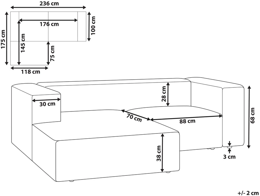 Beliani 2 vietų kampinė sofa VERNON šviesiai smėlio spalvos dešininė