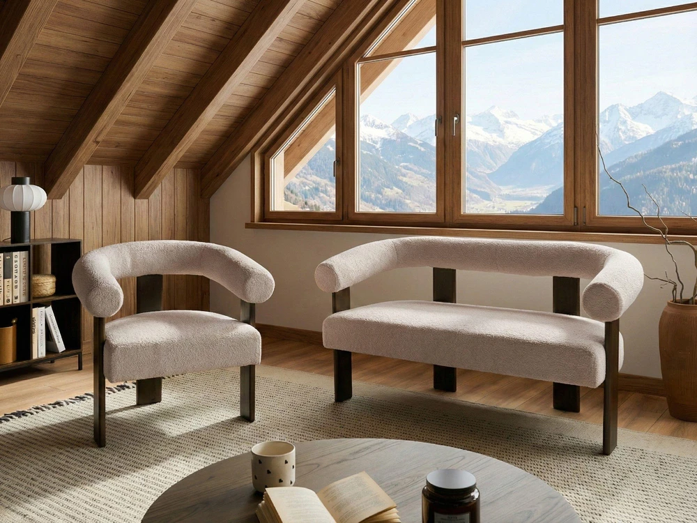Beliani 2 vietų sofa ILBRO iš audinio Boucle, tamsiai ruda ir smėlio spalvos