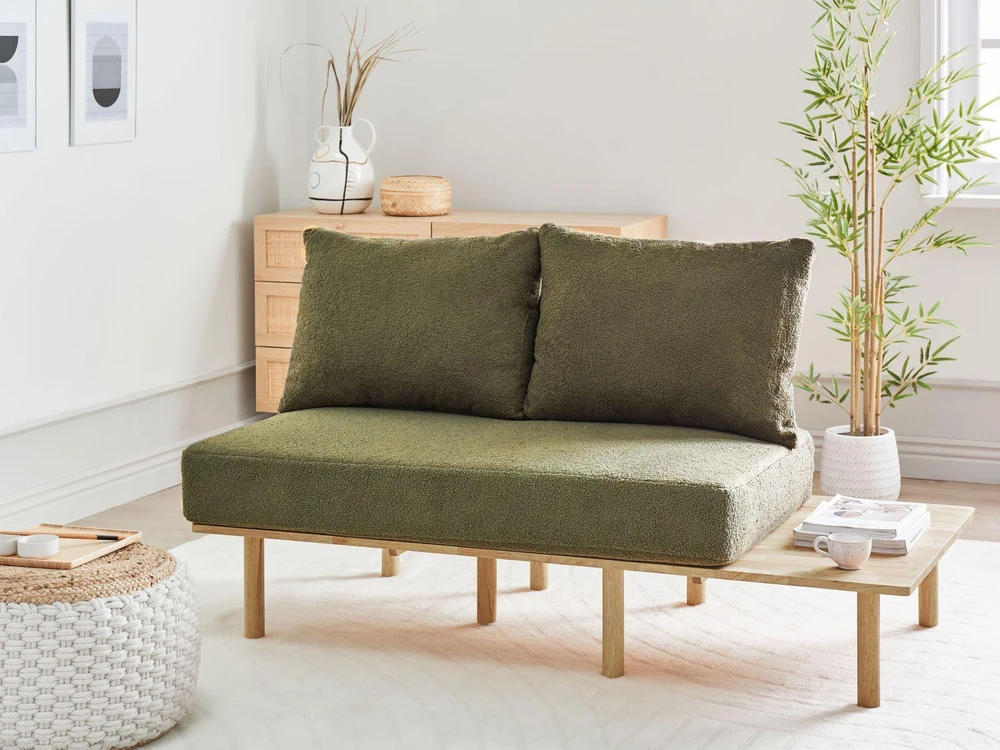 Beliani 2 vietų sofa SALO Bouclé tamsiai žalia su staliukais