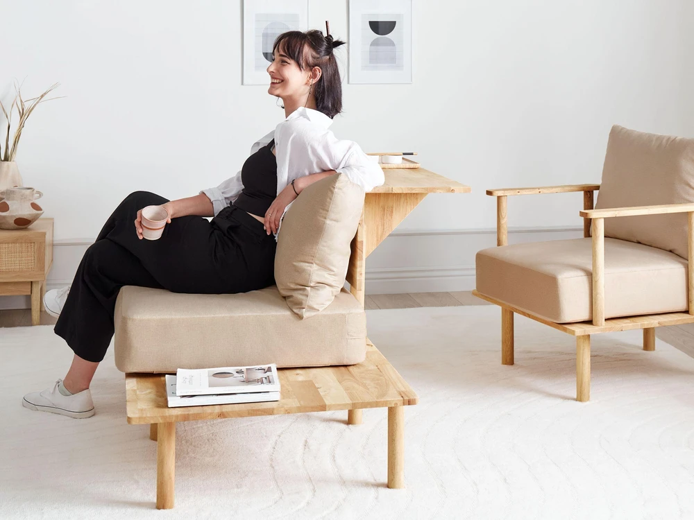Beliani 2 vietų sofa SALO, smėlio spalvos su staliukais