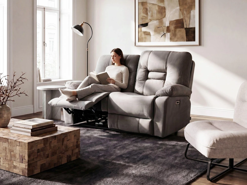 Beliani 2 vietų sofa su elektrine atsipalaidavimo funkcija BERGEN veliūrinė pilka