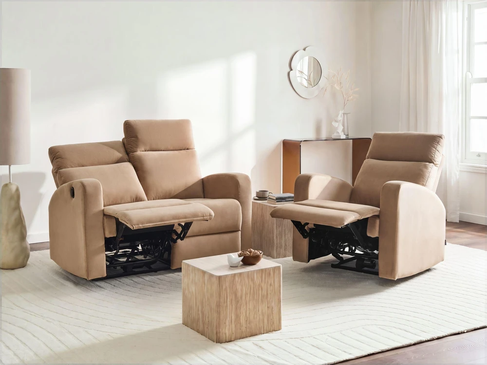 Beliani 2 vietų sofa su elektrine atsipalaidavimo funkcija VERDAL, veliūras, šviesiai ruda