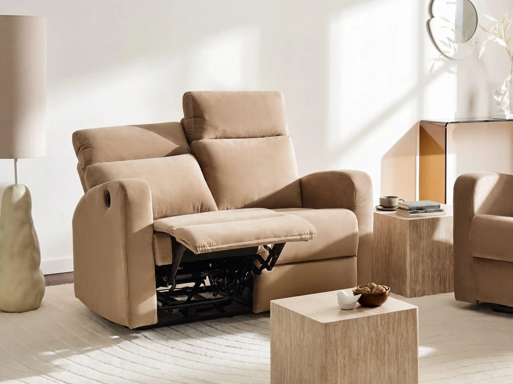 Beliani 2 vietų sofa su elektrine atsipalaidavimo funkcija VERDAL, veliūras, šviesiai ruda