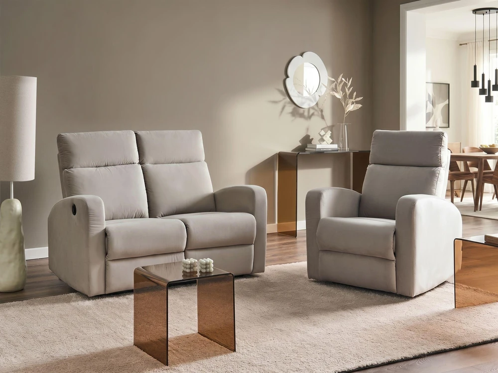 Beliani 2 vietų sofa su elektrine relaksacijos funkcija VERDAL, veliūrinė, smėlio spalvos