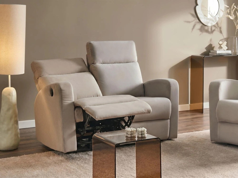 Beliani 2 vietų sofa su elektrine relaksacijos funkcija VERDAL, veliūrinė, smėlio spalvos