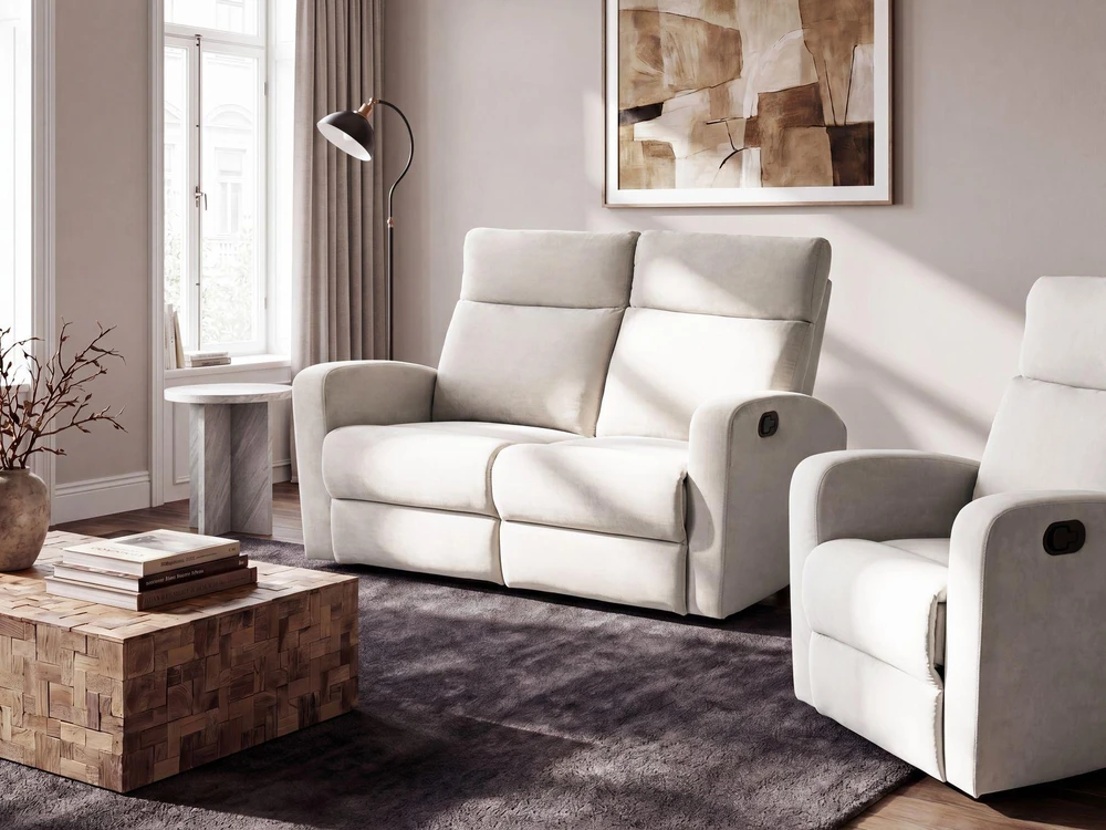 Beliani 2 vietų sofa su manualine relaksacijos funkcija VERDAL, veliūrinė, smėlio spalvos, su ištraukiama kojų atrama