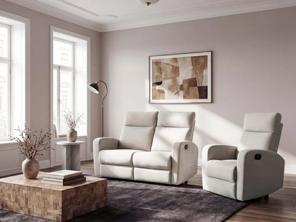 Beliani 2 vietų sofa su manualine relaksacijos funkcija VERDAL, veliūrinė, smėlio spalvos, su ištraukiama kojų atrama