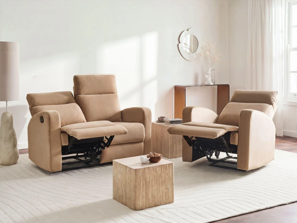 Beliani 2 vietų sofa su rankine atsipalaidavimo funkcija VERDAL, veliūras, šviesiai ruda