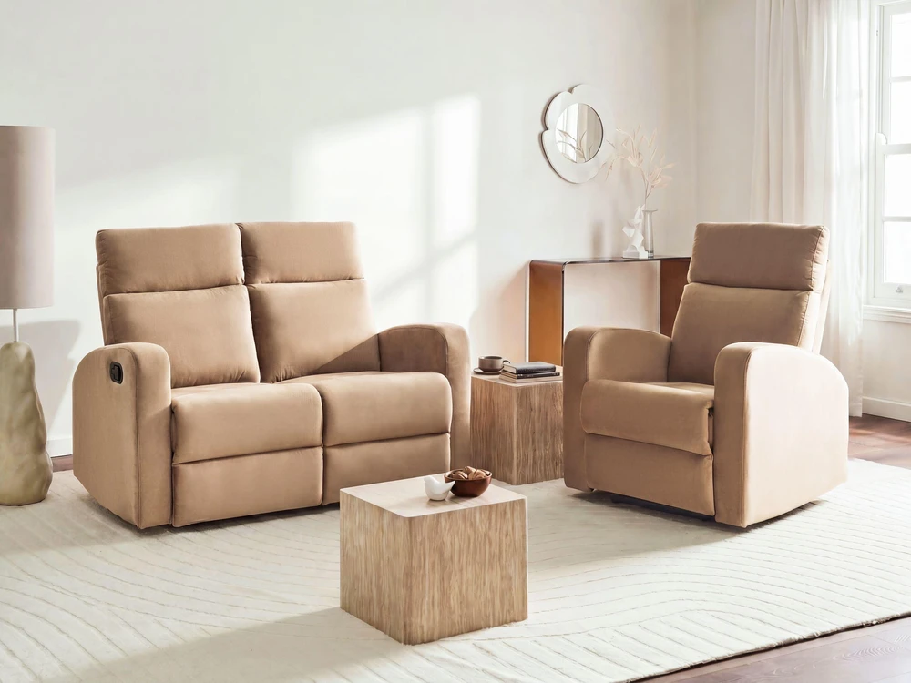 Beliani 2 vietų sofa su rankine atsipalaidavimo funkcija VERDAL, veliūras, šviesiai ruda