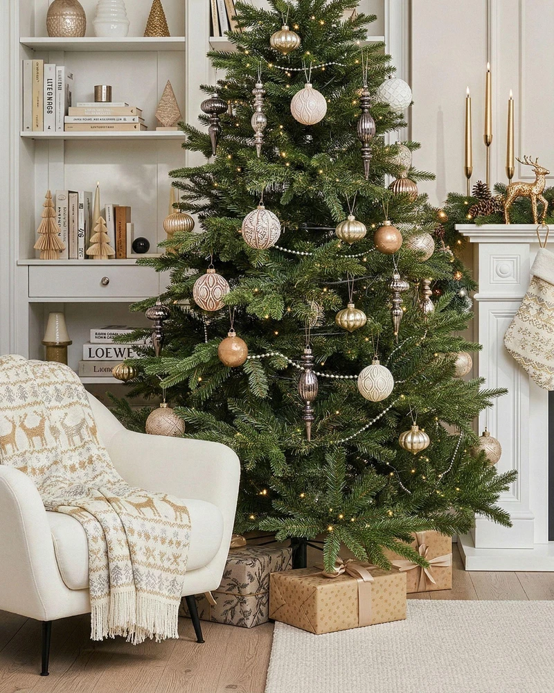 Beliani 24 kalėdinių žaisliukų rinkinys WINTERLIGHT stikliniai, rožinio aukso spalvos