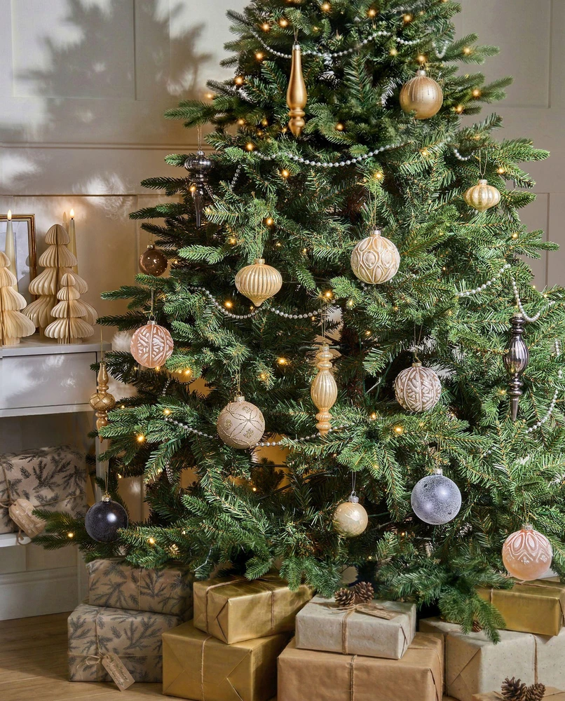 Beliani 24 kalėdinių žaisliukų rinkinys WINTERLIGHT stikliniai, rožinio aukso spalvos