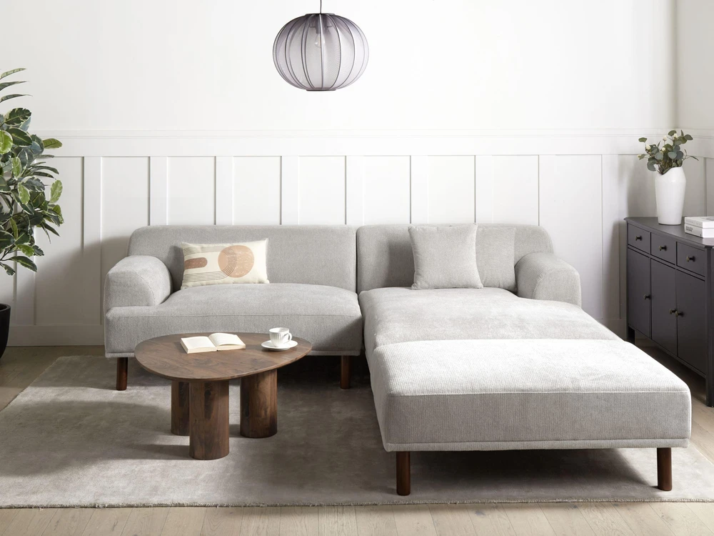 Beliani 3 asmenų kampinė sofa HOLT šviesiai pilka su otomanu, kairinė