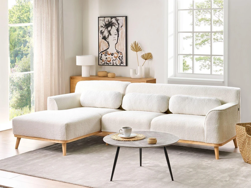 Beliani 3 asmenų kampinė sofa SIMOS, bouclé audinys, balta, dešininė