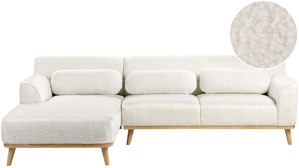 Beliani 3 asmenų kampinė sofa SIMOS, bouclé audinys, balta, dešininė