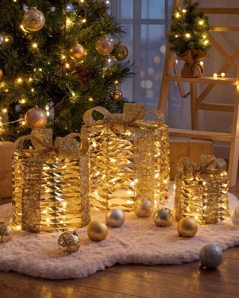 Beliani 3 LED kalėdinių dekoracijų rinkinys SLIVSO Dovanos 20/25/30 cm Auksinis