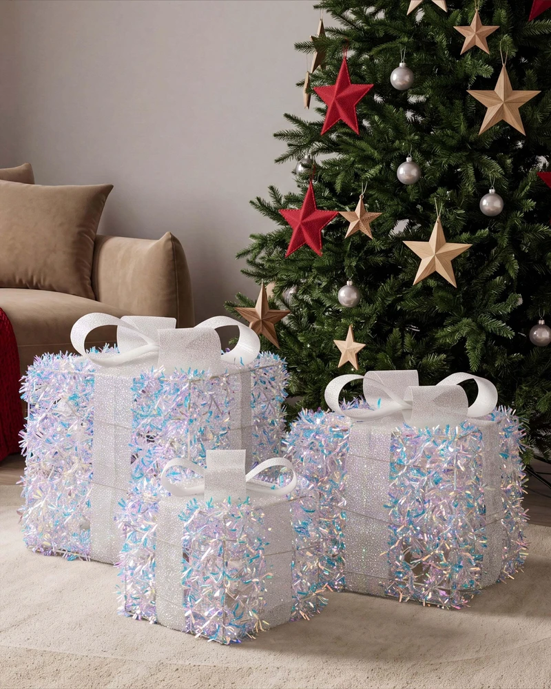 Beliani 3 LED kalėdinių dekoracijų rinkinys HALLANGEN Kalėdų dovanos 20/25/30 cm spalvotas