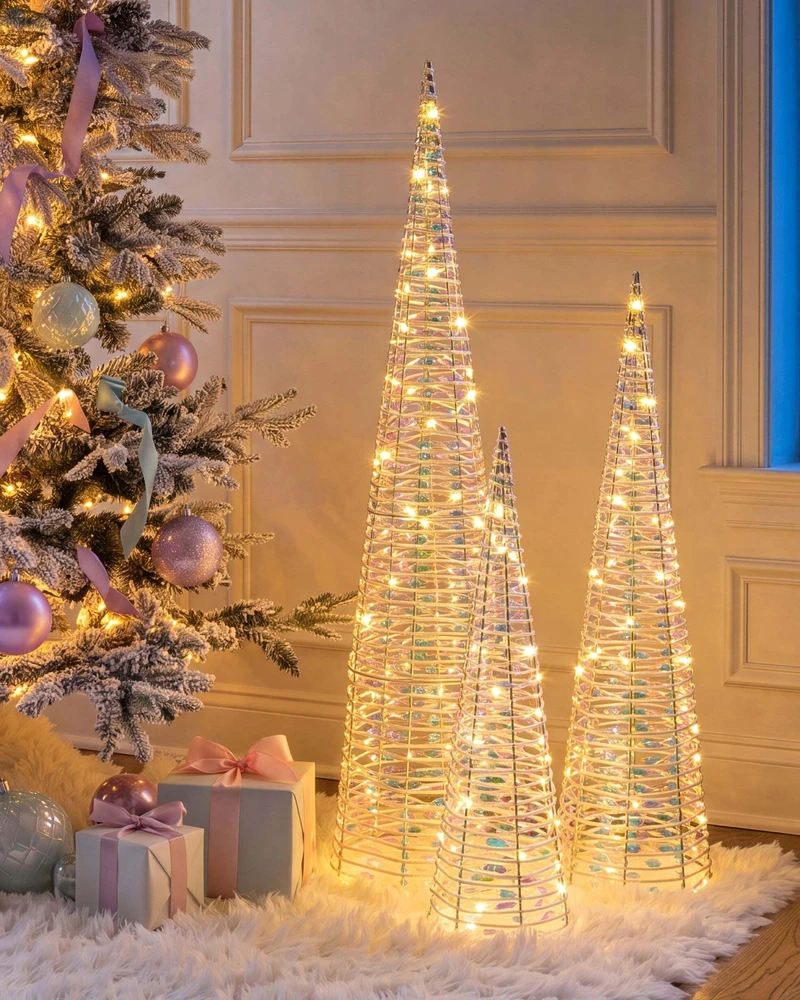 Beliani 3 LED Kalėdinių dekoracijų rinkinys SONDER Eglutė 40/60/80 cm Balta