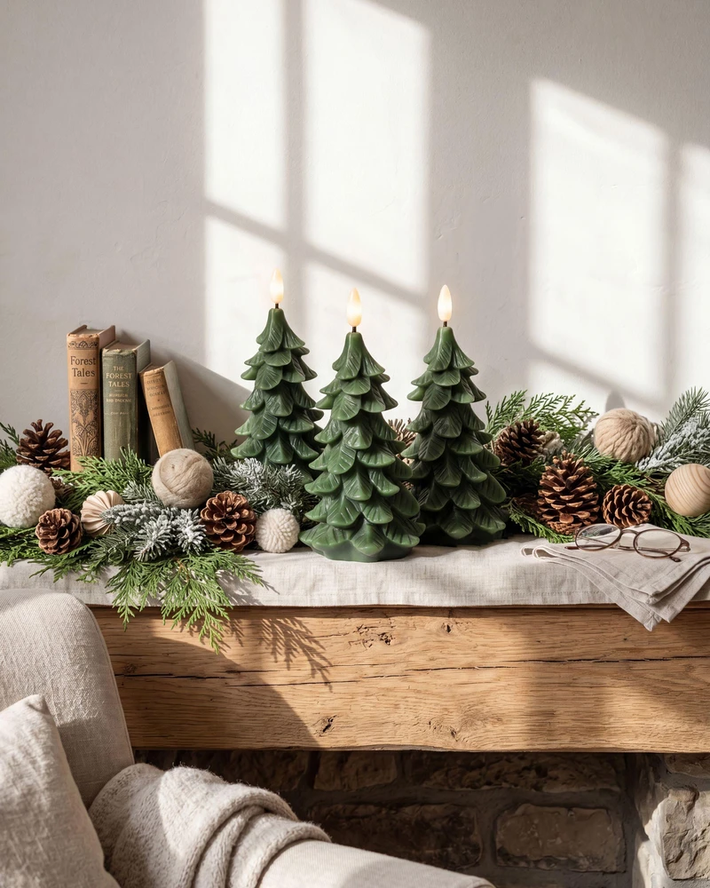 Beliani 3 LED žvakių rinkinys VELOURA Kalėdų eglutė 16 cm žalia