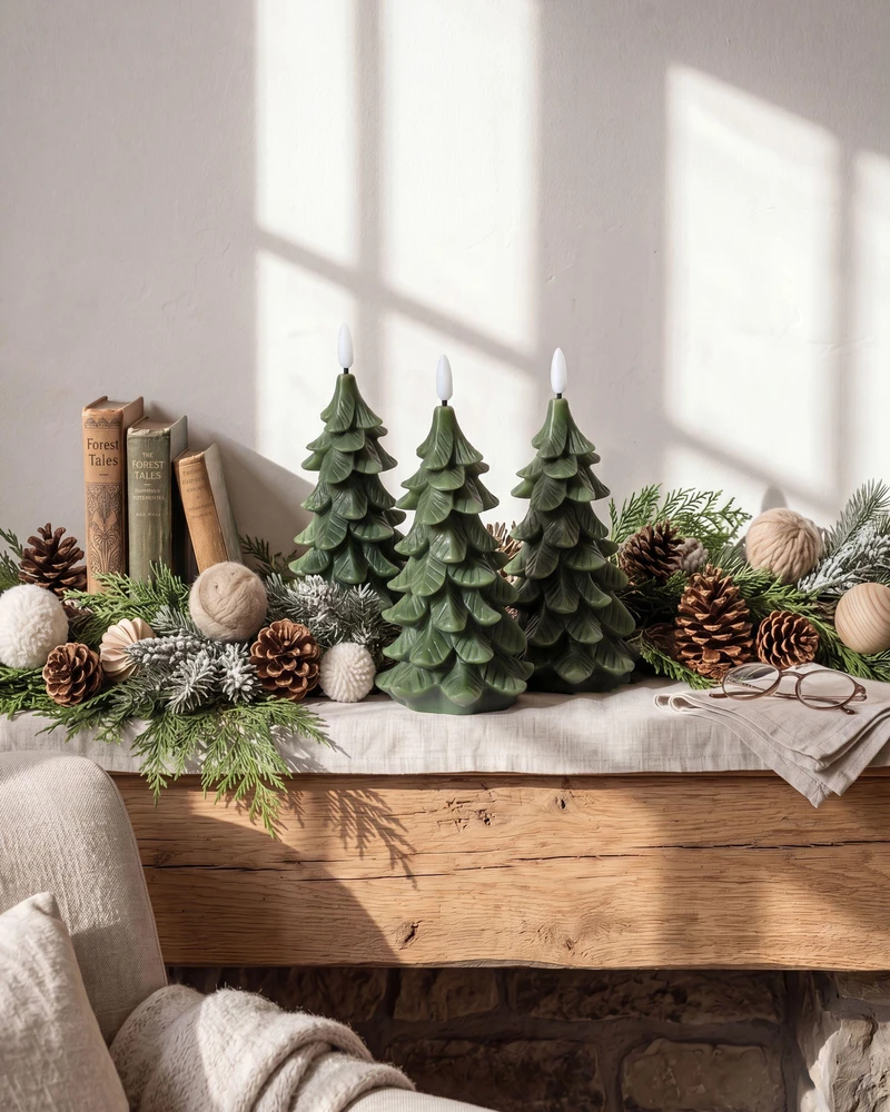 Beliani 3 LED žvakių rinkinys VELOURA Kalėdų eglutė 16 cm žalia