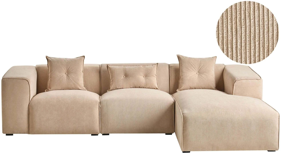 Beliani 3-vietė kampinė sofa DOLVA, velvetas, smėlio spalvos, kairinė