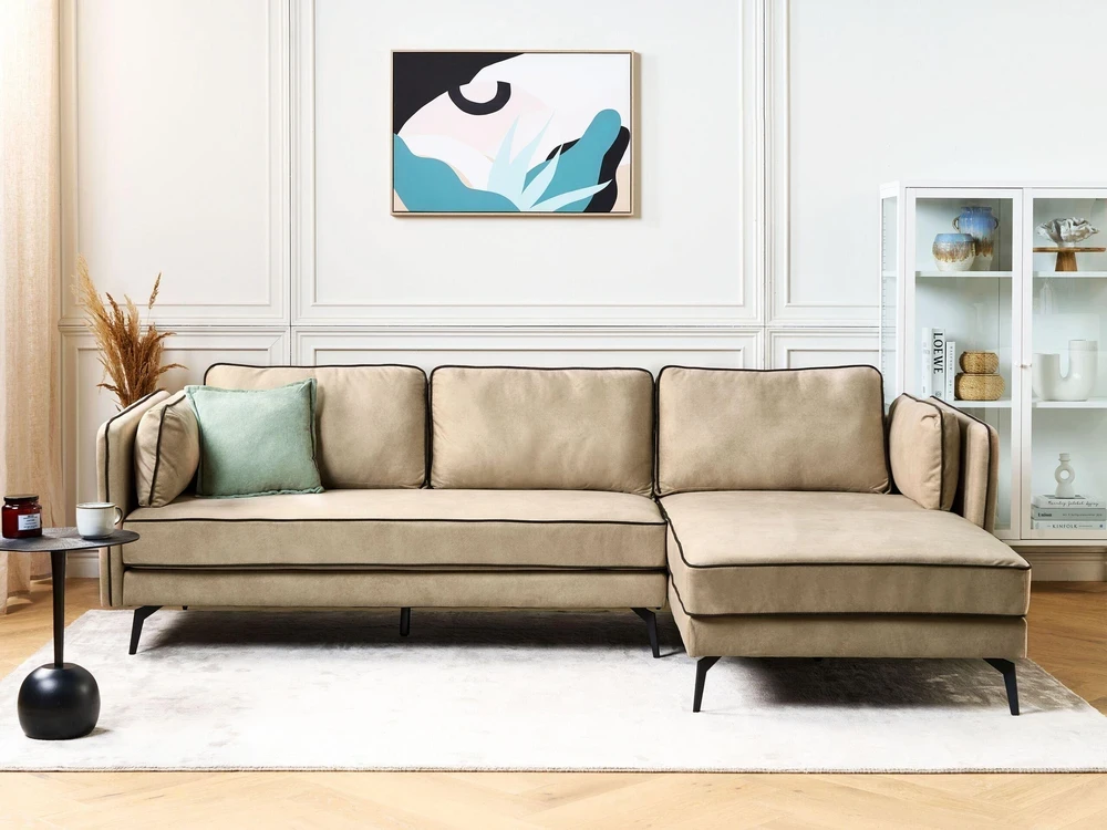Beliani 3 vietų kampinė sofa ALTAN, veliūras, smėlio spalvos, kairinė