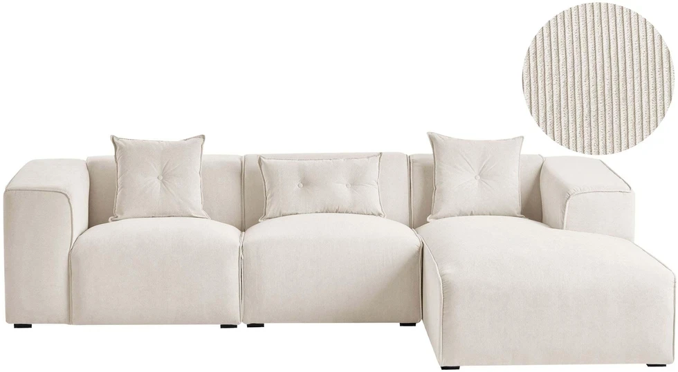 Beliani 3 vietų kampinė sofa DOLVA, velvetas, kreminė balta, kairinė